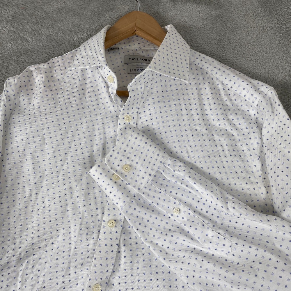 Twillory Dress Shirt Mens 16 32/33 White Blue Tailored Fit Non-Iron Safe Cotton